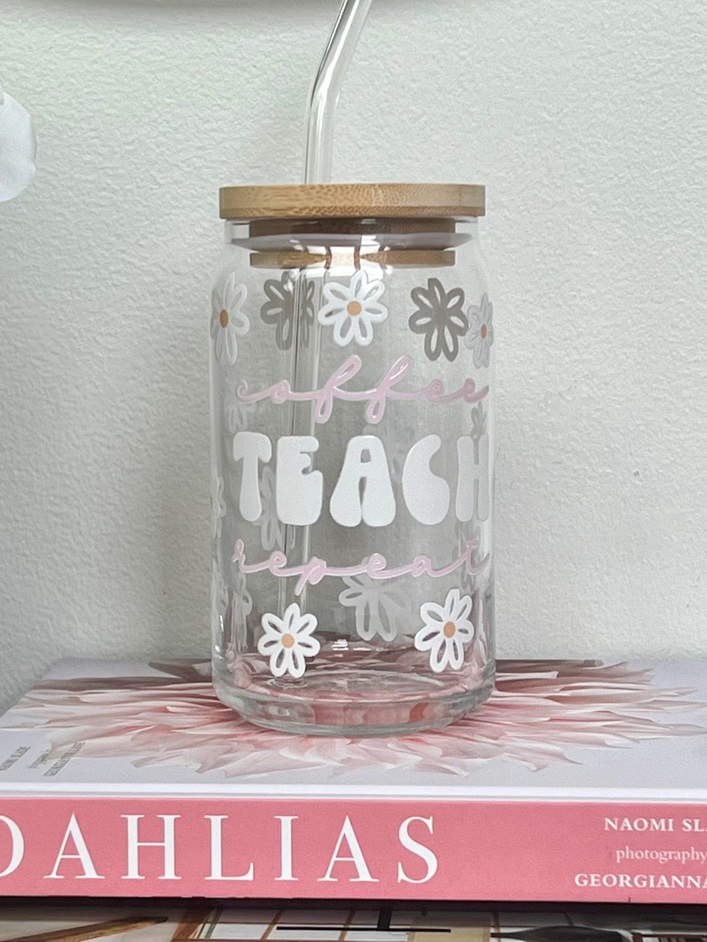 Everyday Ego Coffee Teach Repeat, Glass Coffee Cup, Cute Cup Beer Can Iced Coffee Glass Cup With Lid And Straw, Teacher Gift