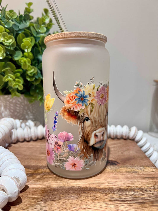 Everyday Ego Pink Floral Highlander Cow 16oz Glass Can Cup