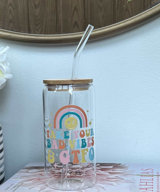 Everyday Ego Drink Cup Take Your Bad Vibes & GTFO, Glass Coffee Cup