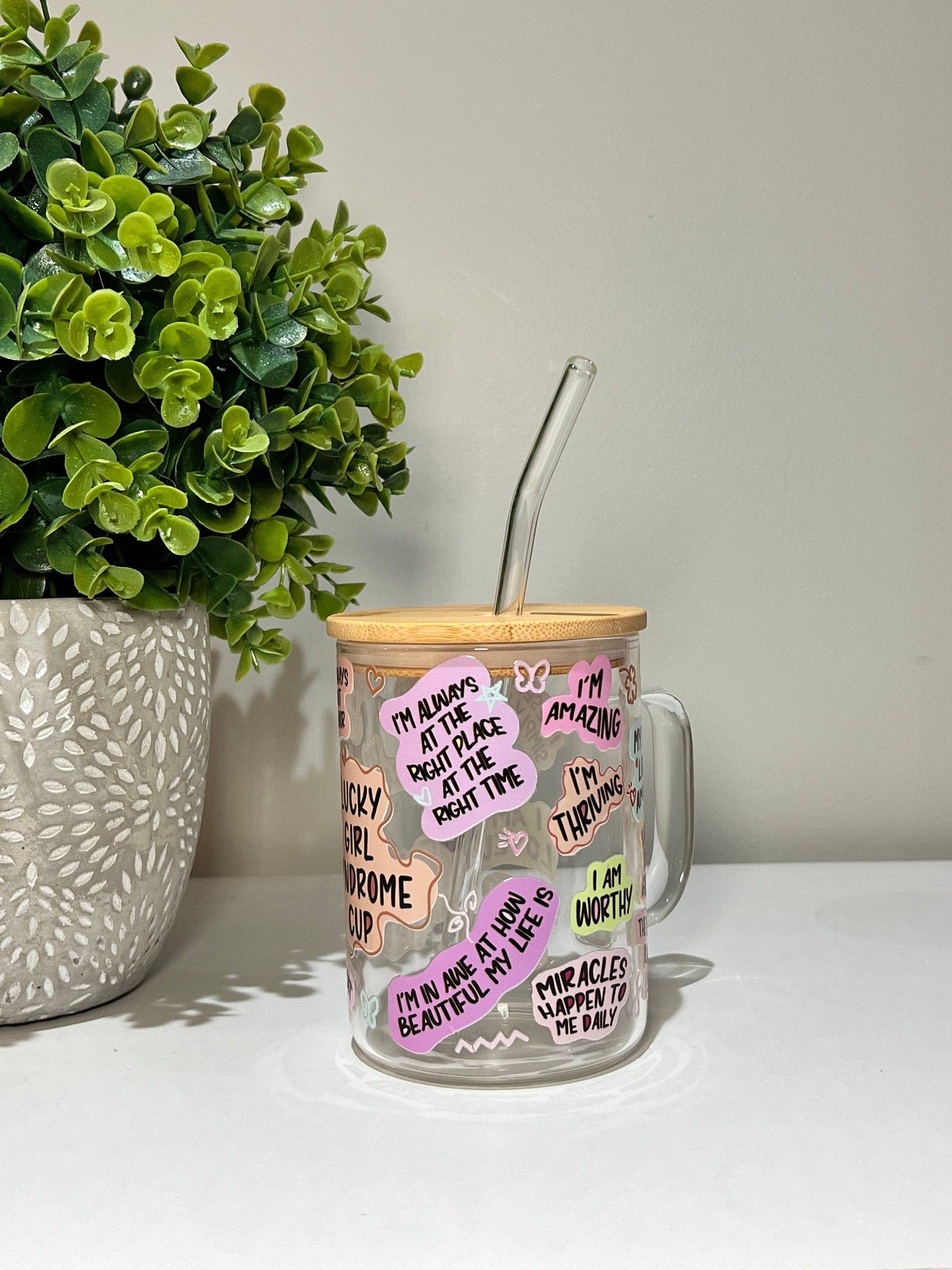 Everyday Ego Glass Mug Cup+Lid+PlasticStraw 17oz Lucky Girl Syndrome Glass Mug