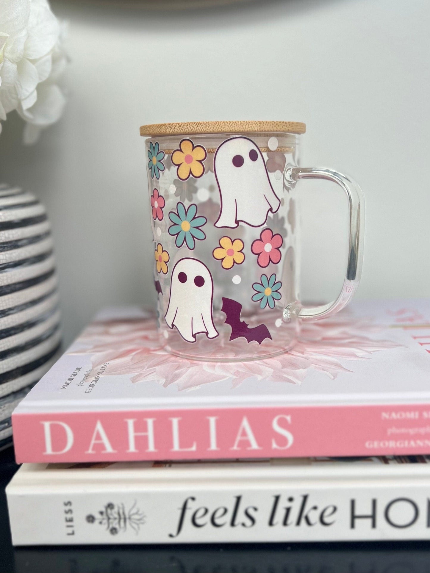 Everyday Ego Glass Mug Cup+Lid+PlasticStraw Retro Ghost Coffee Mug