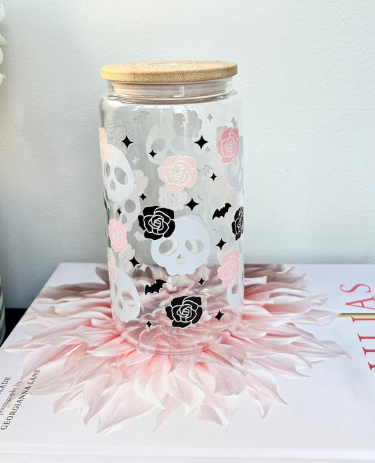 Everyday Ego Skull Libbey Glass Cup With Straw | Skulls and Roses Cup | Glass Cup Coffee Can Beer | Day of Dead | Gothic Coffee Cup | Aesthetic Glass