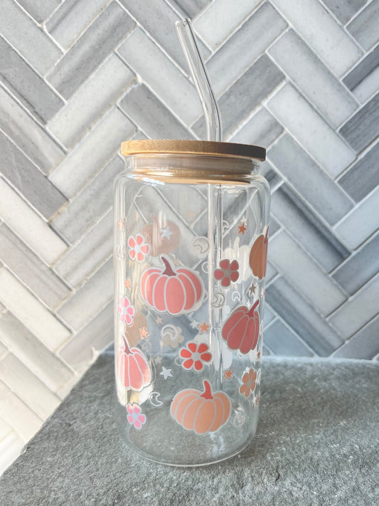 Everyday Ego Pumpkin Iced Coffee Cup with Lid and Straw / Pumpkin Glass Can Coffee Cup/ Fall Coffee Mug / Fall Season Gift / Halloween Gift for Her