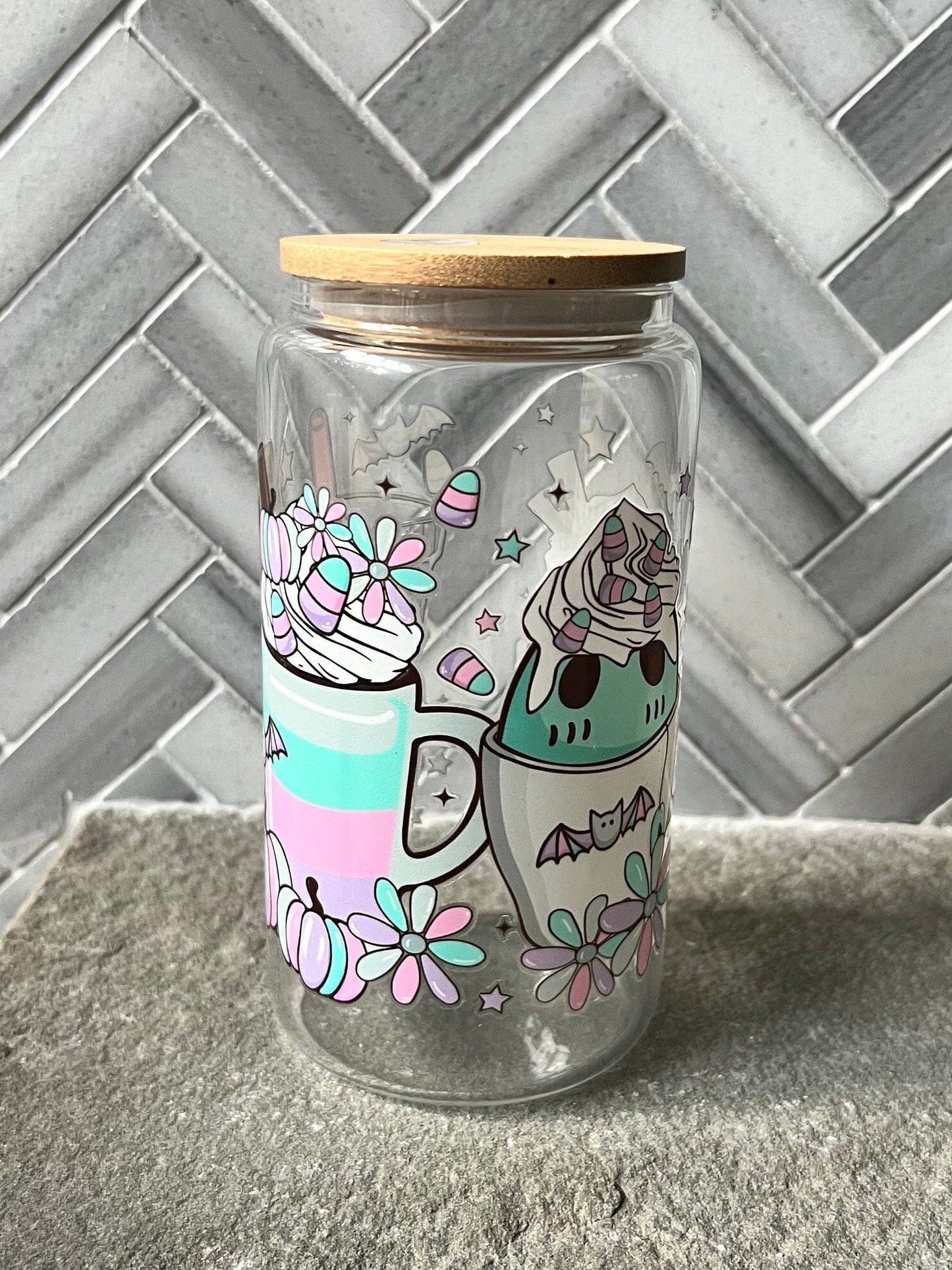 Everyday Ego Sugar Skulls Glass | Iced Coffee Cup | Fall Cup | Ghost Ice Coffee | Pastel Halloween Cup | Halloween Iced Coffee | Halloween Mug