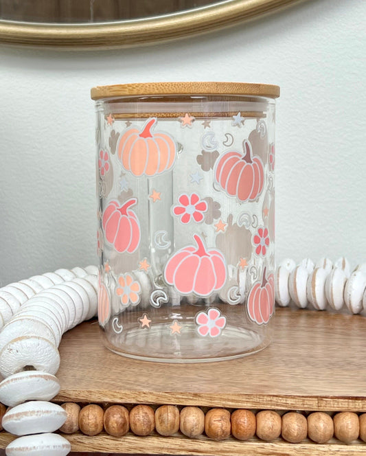 Everyday Ego Cup+Lid+PlasticStraw Fall Glass Mug | Cute Glass Mugs | Pink Mugs | Autumn Glass Mug | Glass Coffee Mug | Pink Pumpkins | Pumpkin Coffee Mug