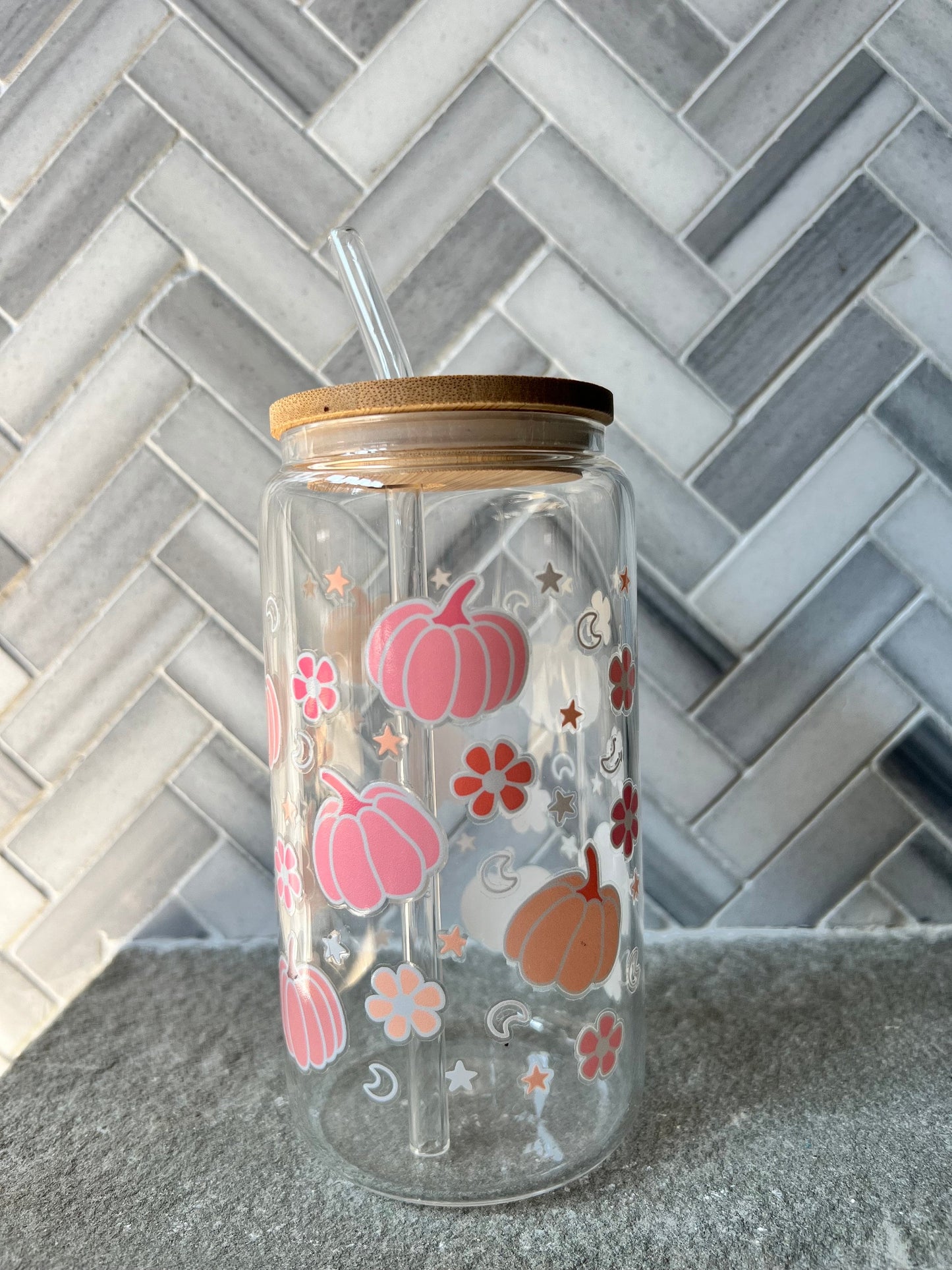 Everyday Ego Pumpkin Iced Coffee Cup with Lid and Straw / Pumpkin Glass Can Coffee Cup/ Fall Coffee Mug / Fall Season Gift / Halloween Gift for Her