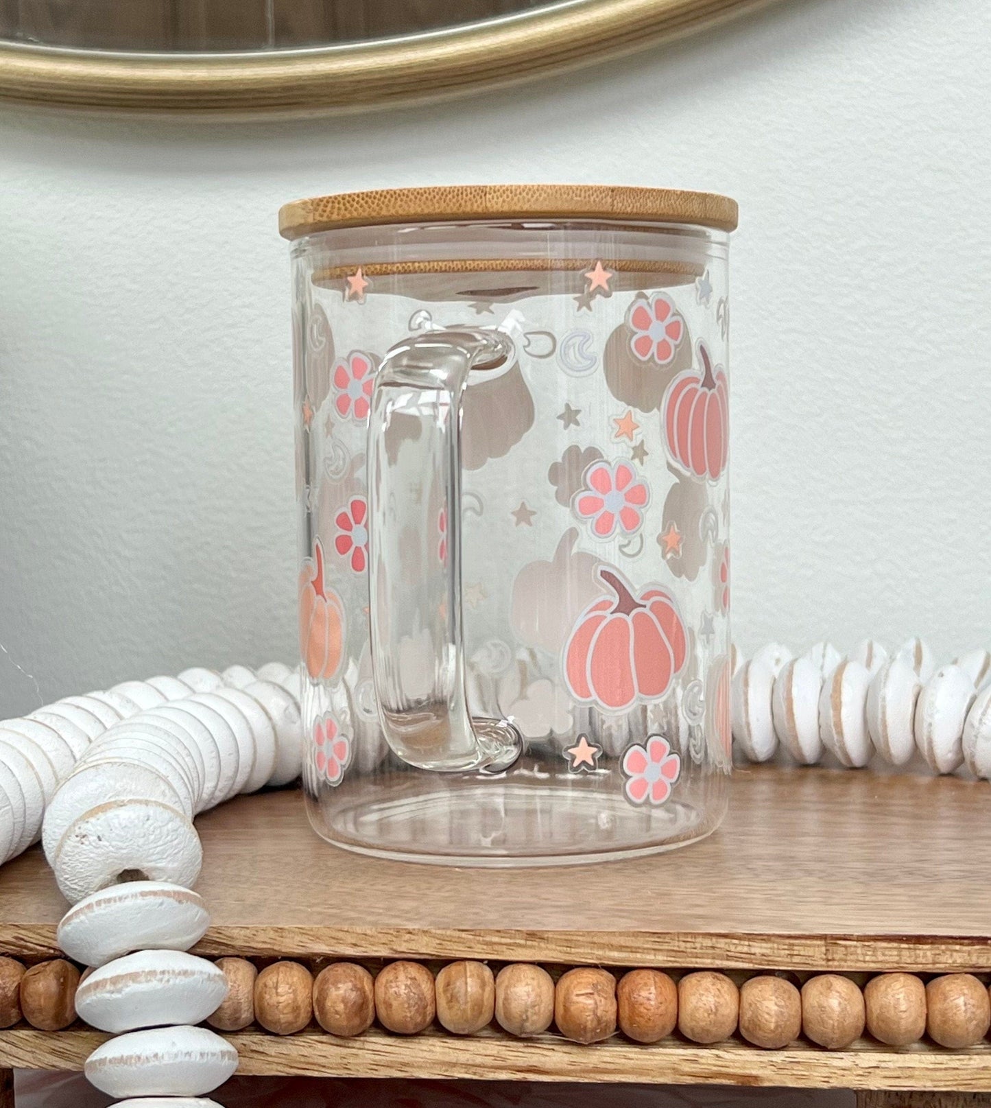 Everyday Ego Cup+Lid+PlasticStraw Fall Glass Mug | Cute Glass Mugs | Pink Mugs | Autumn Glass Mug | Glass Coffee Mug | Pink Pumpkins | Pumpkin Coffee Mug