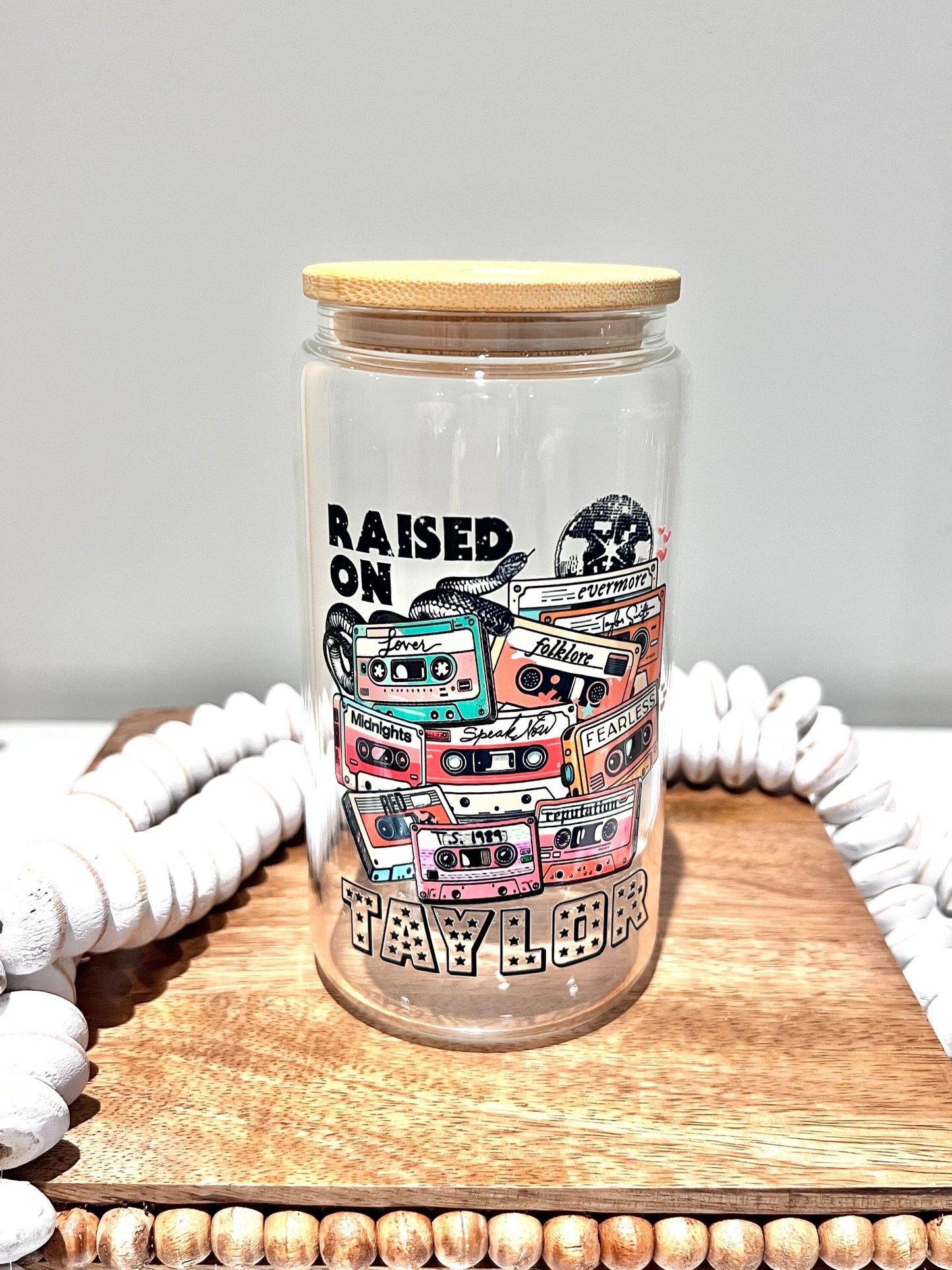 Everyday Ego Raised on T | Cute Glass Cup | Gift for Music Fan | Glass Can | 16oz Libbey Glass | Swiftea Glass Cup With Bamboo Lid | Iced Coffee Cup