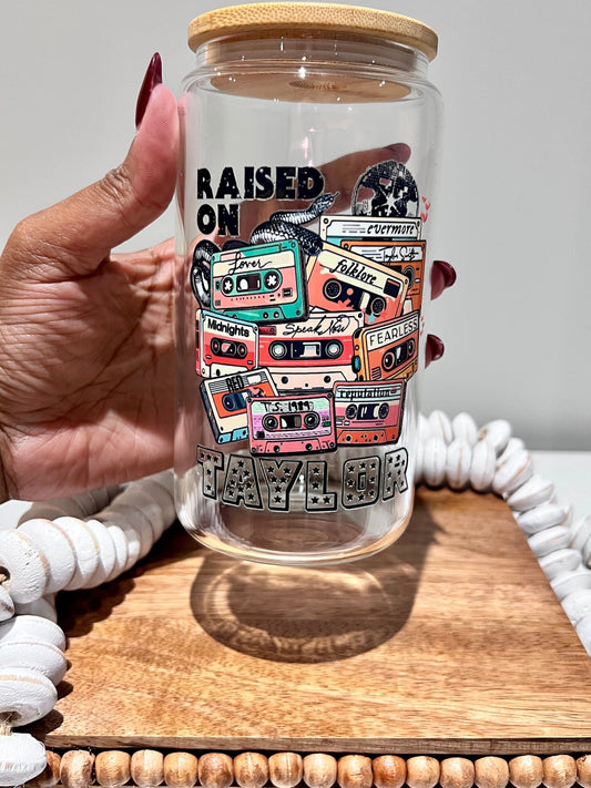 Everyday Ego Raised on T | Cute Glass Cup | Gift for Music Fan | Glass Can | 16oz Libbey Glass | Swiftea Glass Cup With Bamboo Lid | Iced Coffee Cup