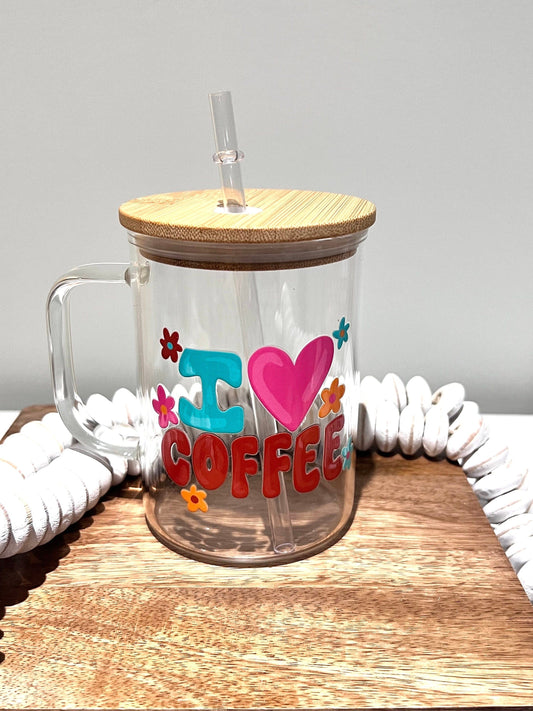 Everyday Ego Glass Mug Cup+Lid+PlasticStraw I Love Coffee Glass Mug