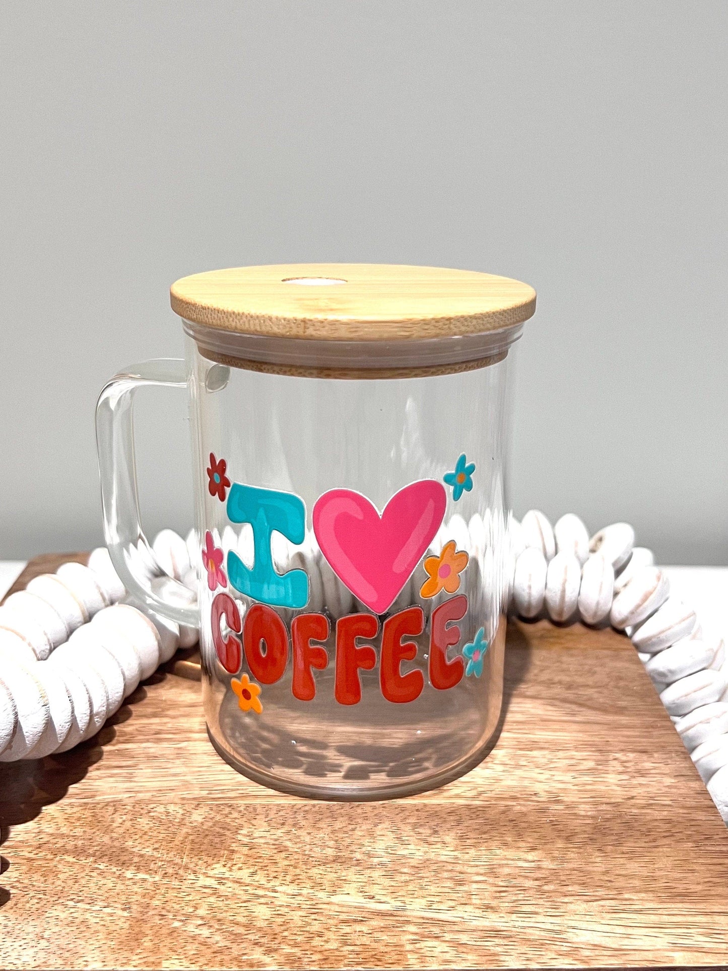 Everyday Ego Glass Mug Cup+Lid+PlasticStraw I Love Coffee Glass Mug