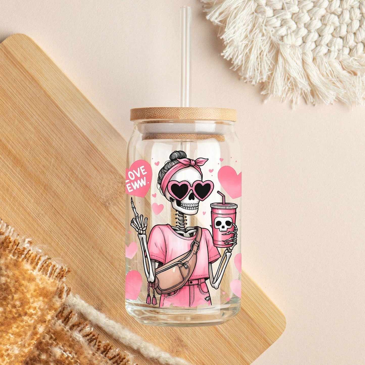 Everyday Ego Funny Mom Glass Can Cup | Eww Love | Iced Coffee Cup | Bougie Mom Tumbler | Bestie Glass Mug | Meeting Gift | Glass Cups with Lid and Straw