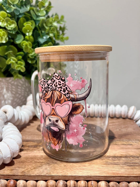 Everyday Ego Glass Mug With Lid | Mug With Handle | Highland Cow Glass Mug | Bougie Highland Cow Mug | Cute Highland Cow | Gift for Mom | Birthday Gift