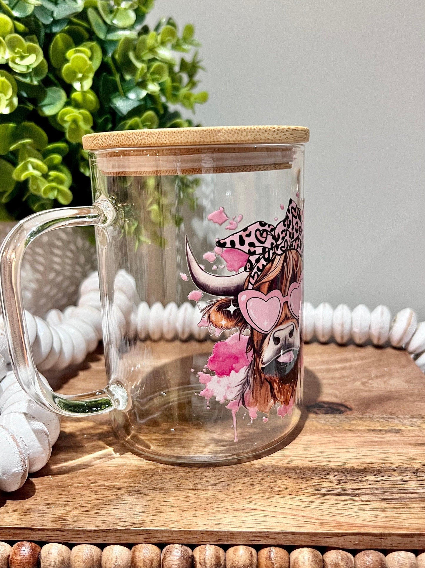 Everyday Ego Glass Mug With Lid | Mug With Handle | Highland Cow Glass Mug | Bougie Highland Cow Mug | Cute Highland Cow | Gift for Mom | Birthday Gift