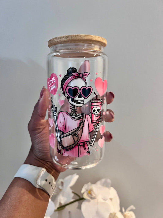 Everyday Ego Funny Mom Glass Can Cup | Eww Love | Iced Coffee Cup | Bougie Mom Tumbler | Bestie Glass Mug | Meeting Gift | Glass Cups with Lid and Straw