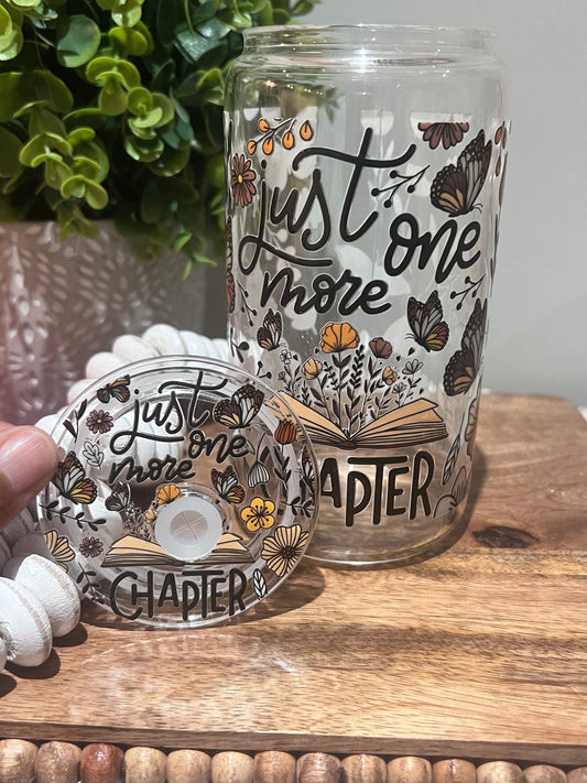Everyday Ego Just One More Chapter Glass Can | Glass Coffee Cup | Book Club Gifts | Glass Tumbler with Lid and Straw | Floral Butterfly Reader Gift