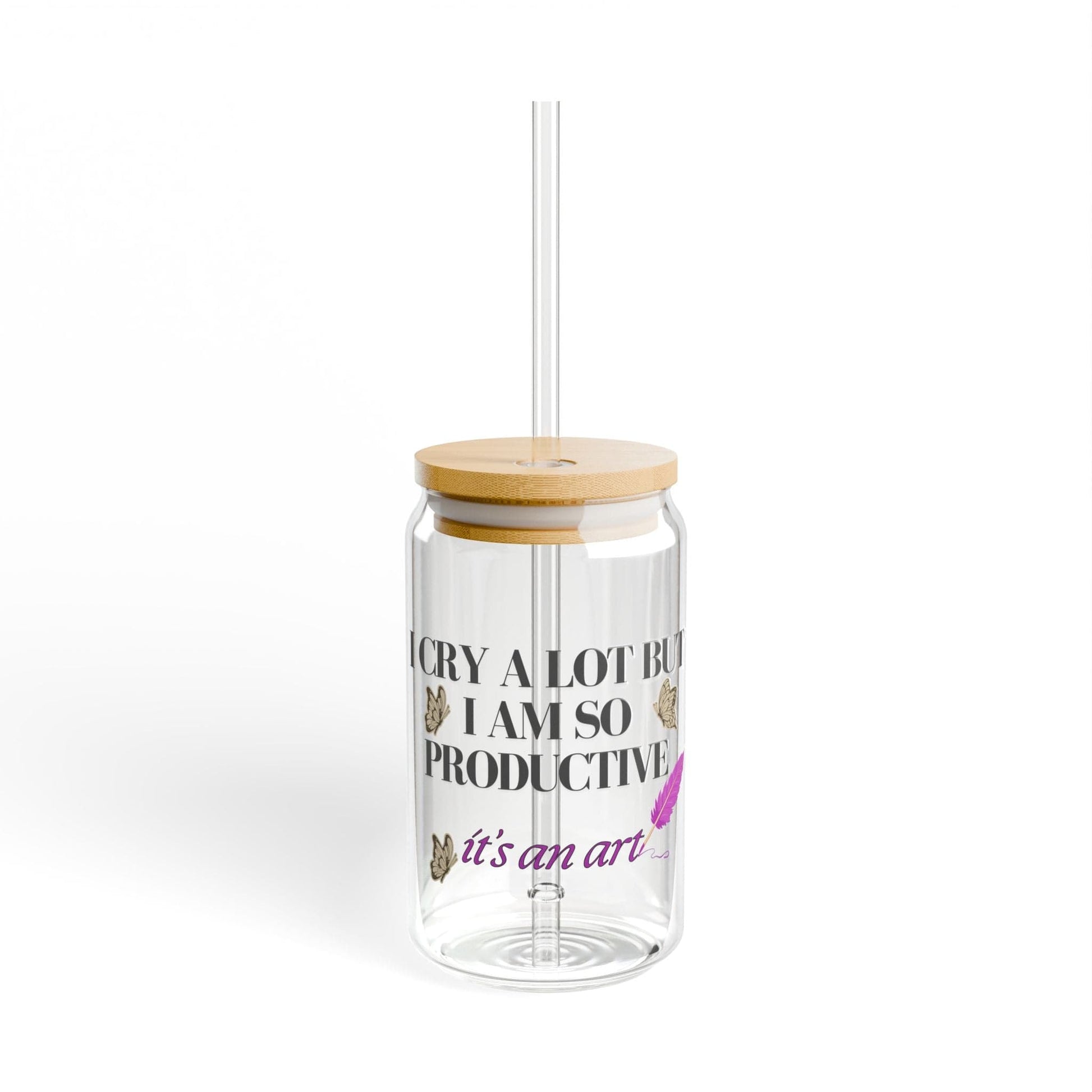 Printify Mug I Cry A Lot But I Am I Am So Productive  Glass Can Bamboo Lid and Straw