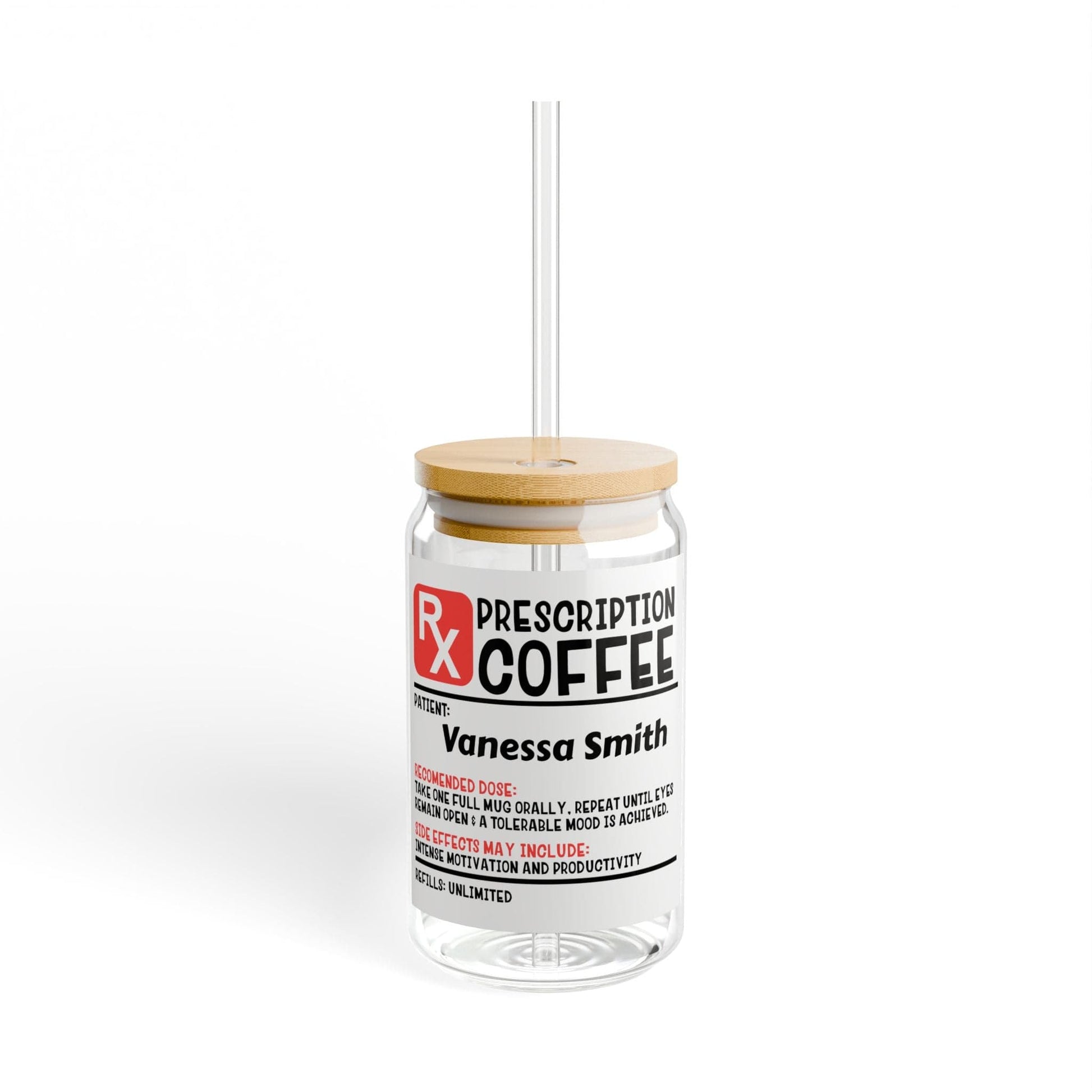 Printify Mug With lid and straw / 16oz Personalize Coffee Prescription | Pharmacist Student Gift | Pharmacy Technician | Nurse Doctor Pharmacist | Glass Tumbler | Iced Coffee Cup
