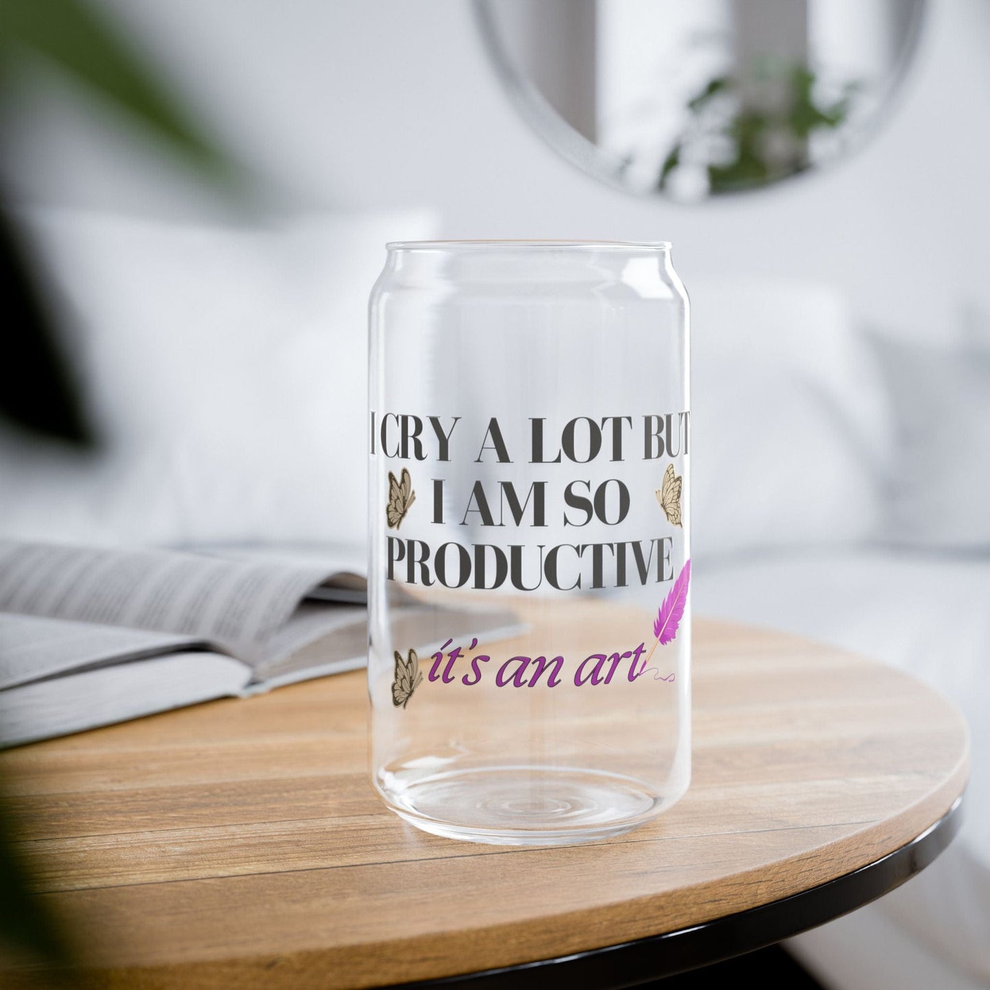 Printify Mug I Cry A Lot But I Am I Am So Productive  Glass Can Bamboo Lid and Straw