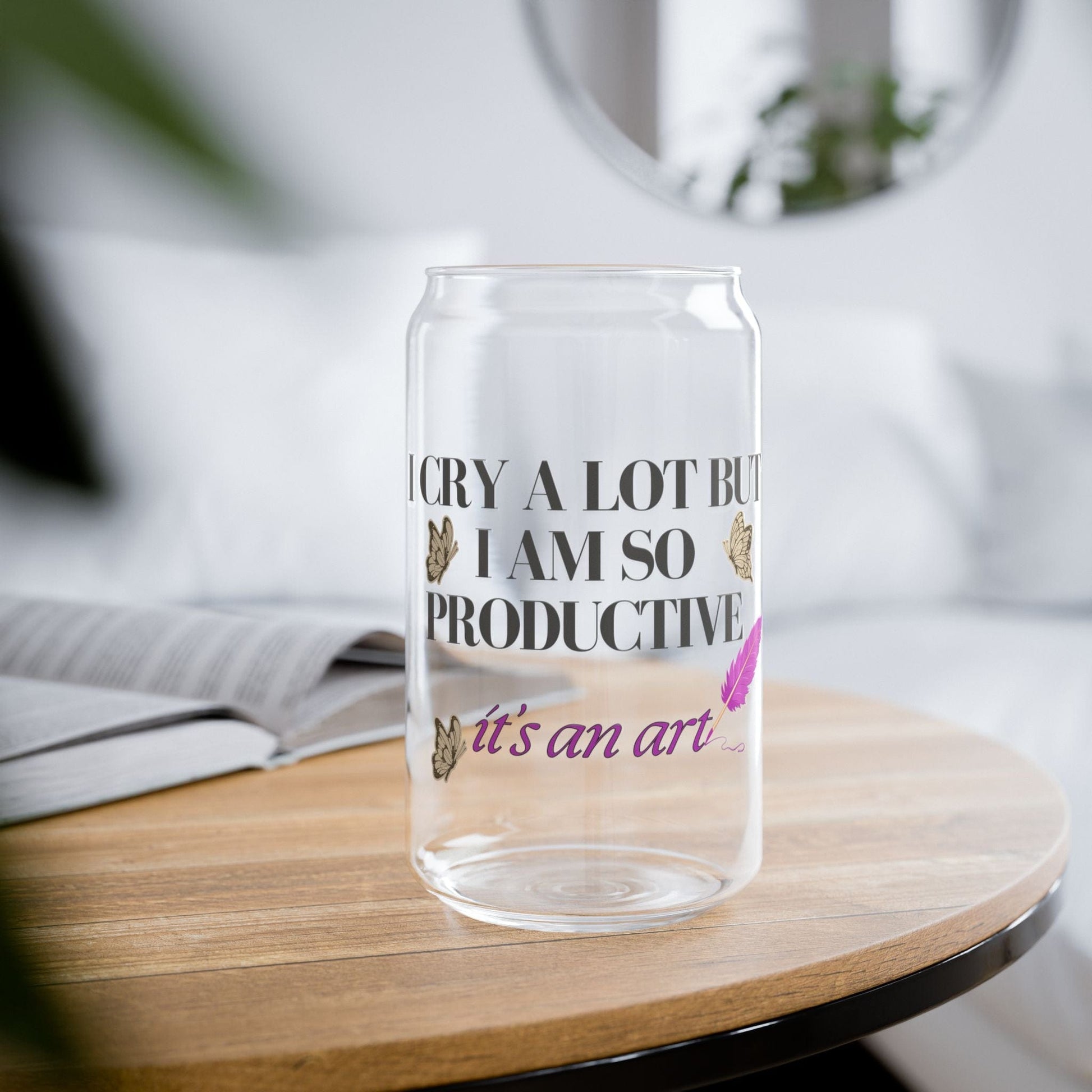 Printify Mug I Cry A Lot But I Am I Am So Productive  Glass Can Bamboo Lid and Straw