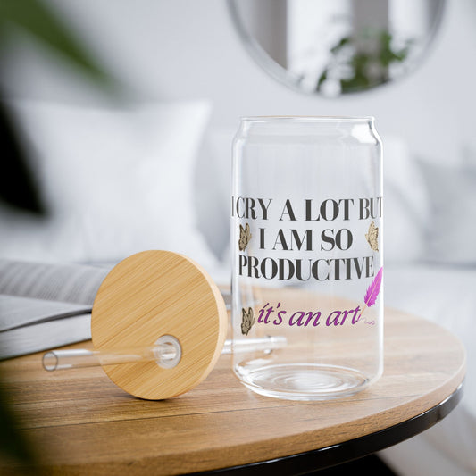 Printify Mug I Cry A Lot But I Am I Am So Productive  Glass Can Bamboo Lid and Straw
