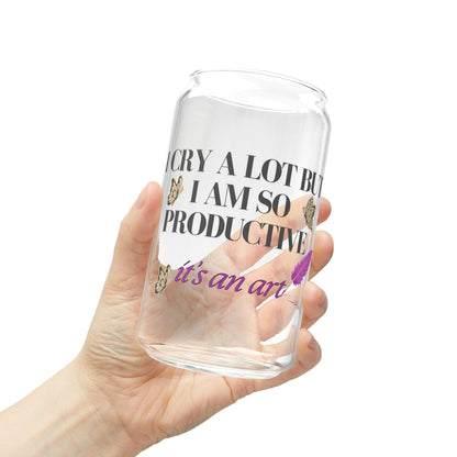 Printify Mug I Cry A Lot But I Am I Am So Productive  Glass Can Bamboo Lid and Straw