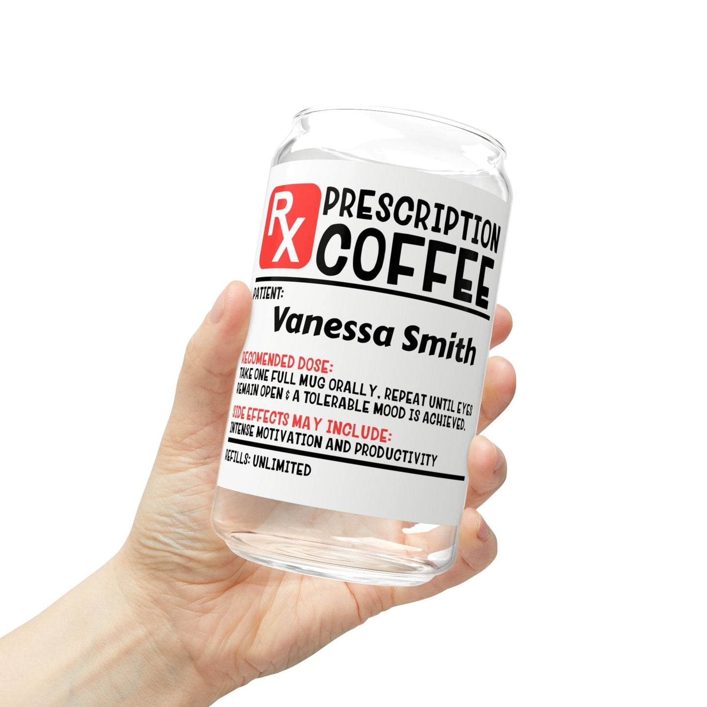 Printify Mug Personalize Coffee Prescription | Pharmacist Student Gift | Pharmacy Technician | Nurse Doctor Pharmacist | Glass Tumbler | Iced Coffee Cup