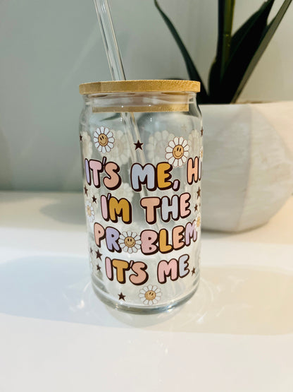 Everyday Ego Retro Smiley Daisy It’s Me, Hi I’m The Problem It’s Me, Glass Coffee Cup, Cute Cup Beer Can Iced Coffee Glass Cup With Lid And Straw