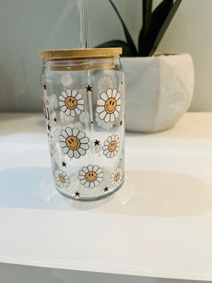 Everyday Ego Retro Smiley Daisy It’s Me, Hi I’m The Problem It’s Me, Glass Coffee Cup, Cute Cup Beer Can Iced Coffee Glass Cup With Lid And Straw