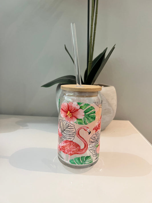 Everyday Ego Pink Flamingo Monstera Hibiscus, Glass Coffee Cup