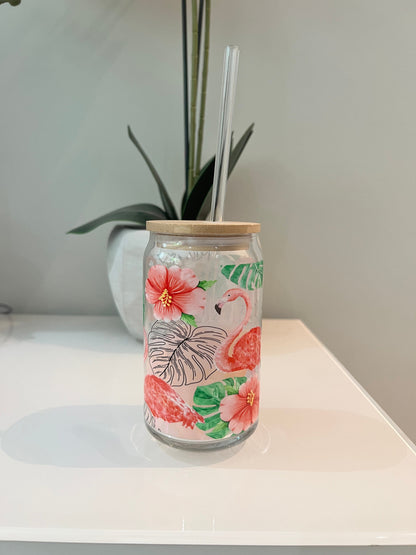 Everyday Ego Pink Flamingo Monstera Hibiscus, Glass Coffee Cup