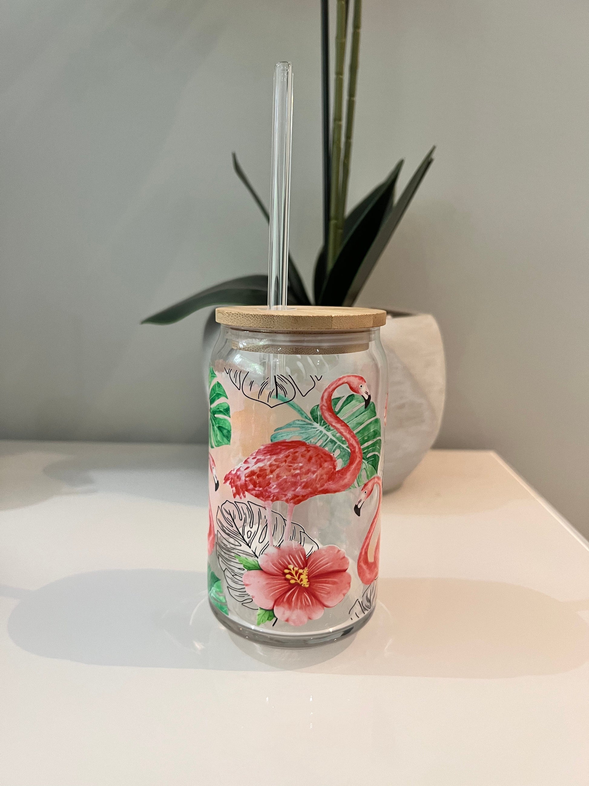 Everyday Ego Pink Flamingo Monstera Hibiscus, Glass Coffee Cup