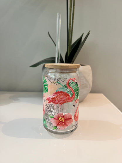 Everyday Ego Pink Flamingo Monstera Hibiscus, Glass Coffee Cup