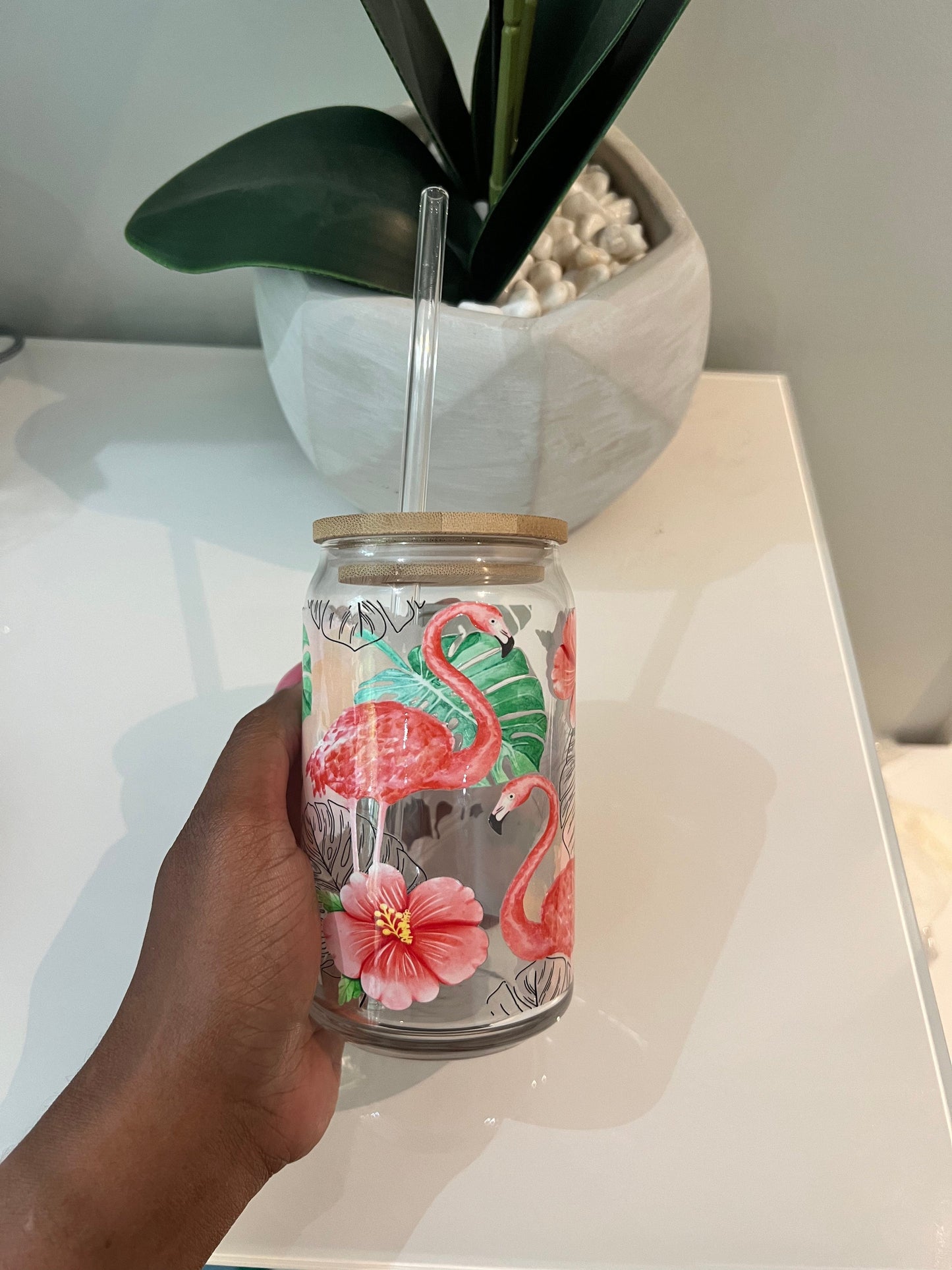 Everyday Ego Pink Flamingo Monstera Hibiscus, Glass Coffee Cup