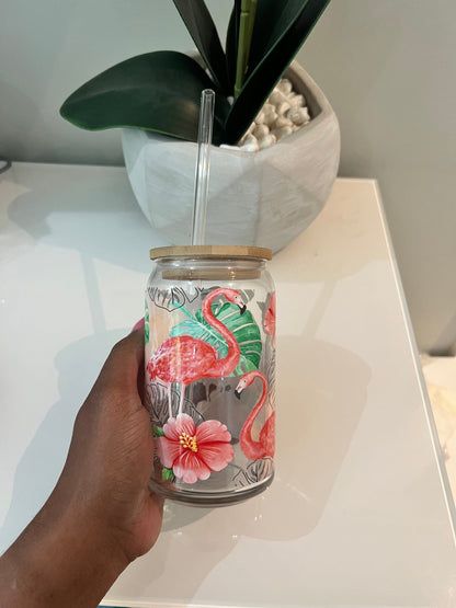 Everyday Ego Pink Flamingo Monstera Hibiscus, Glass Coffee Cup