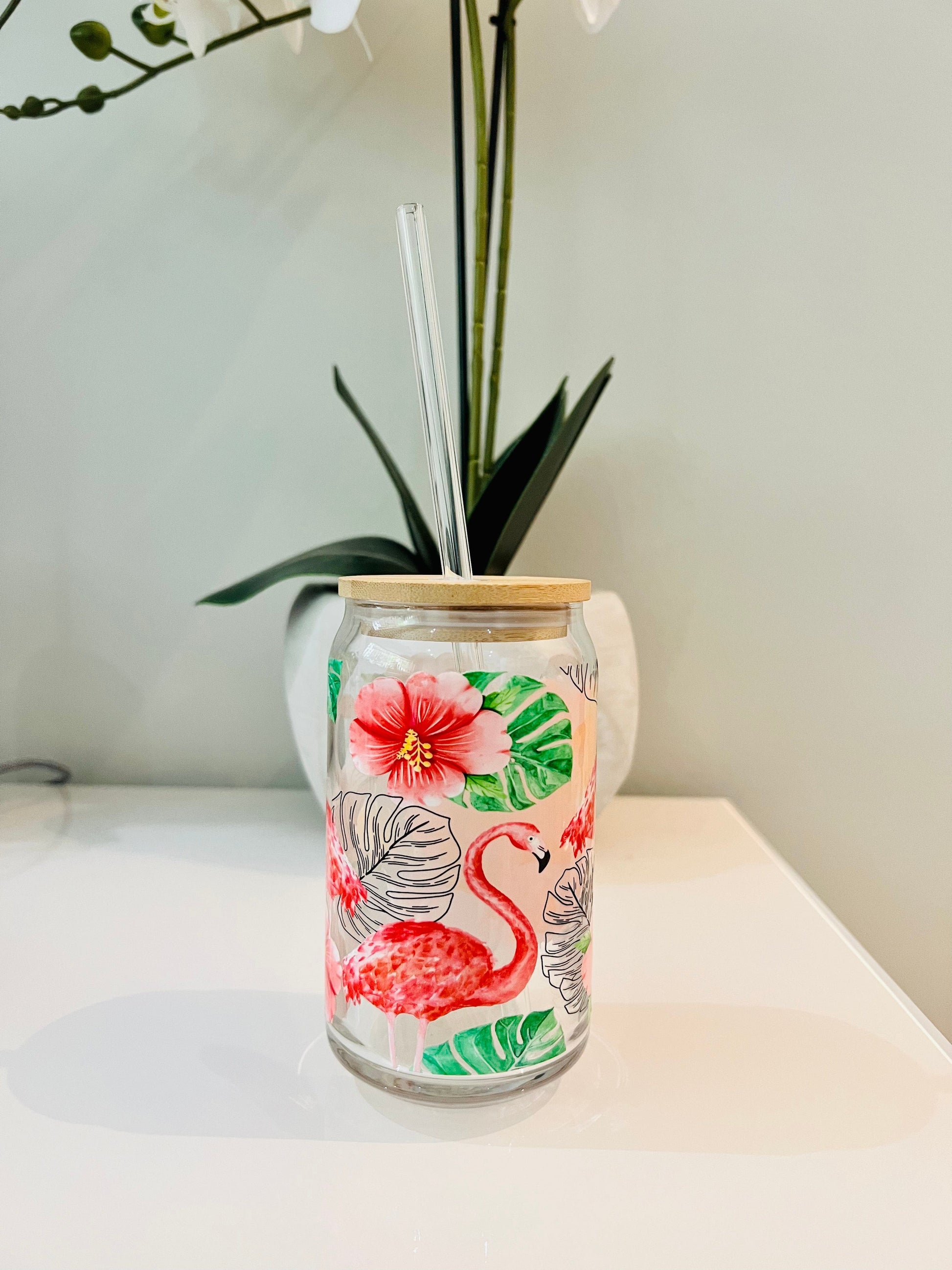 Everyday Ego Pink Flamingo Monstera Hibiscus, Glass Coffee Cup