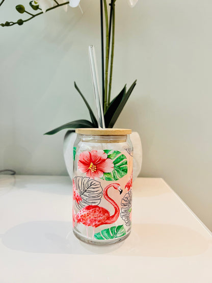 Everyday Ego Pink Flamingo Monstera Hibiscus, Glass Coffee Cup