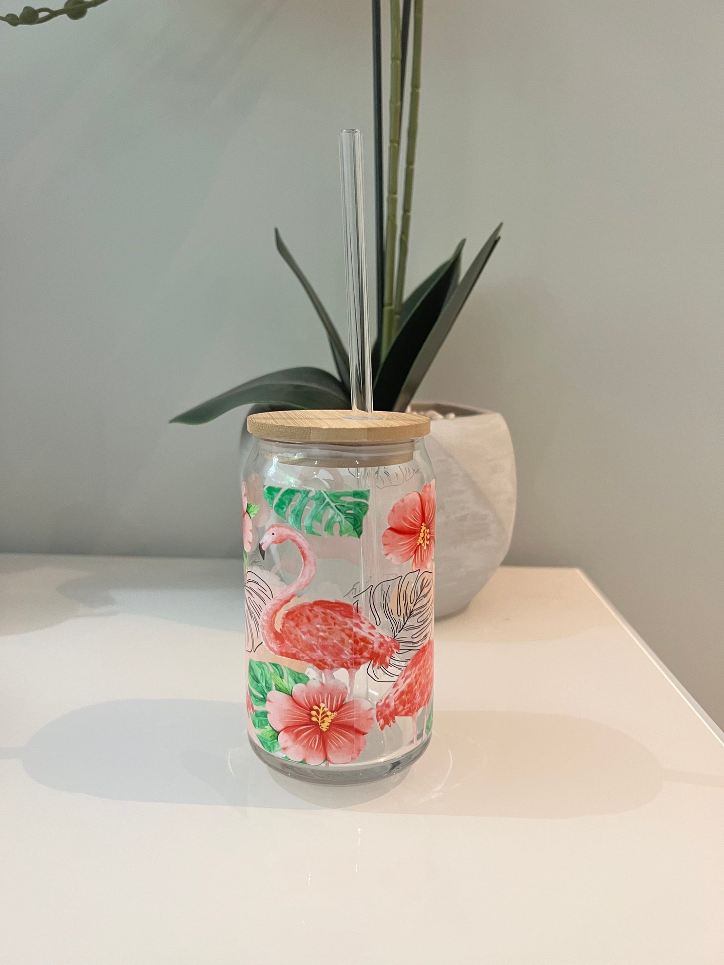 Everyday Ego Pink Flamingo Monstera Hibiscus, Glass Coffee Cup