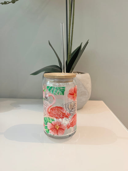 Everyday Ego Pink Flamingo Monstera Hibiscus, Glass Coffee Cup