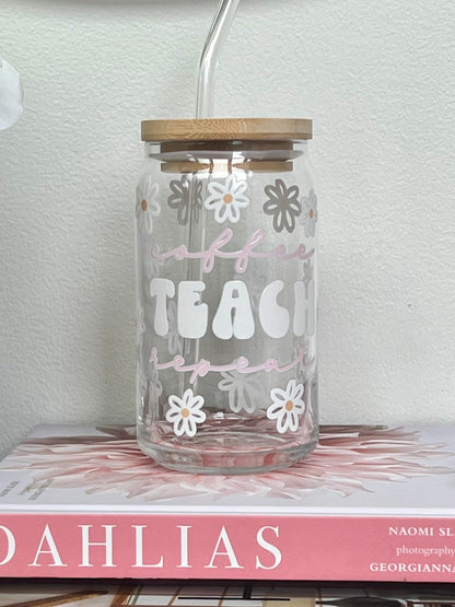 Everyday Ego Coffee Teach Repeat, Glass Coffee Cup, Cute Cup Beer Can Iced Coffee Glass Cup With Lid And Straw, Teacher Gift