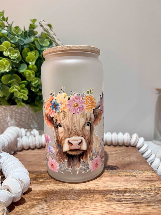 Everyday Ego Cup, Lid, Acrylic Straw Pink Floral Highlander Cow 16oz Glass Can Cup