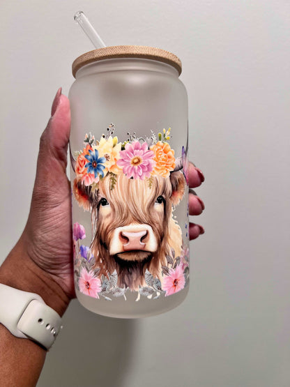 Everyday Ego Pink Floral Highlander Cow 16oz Glass Can Cup