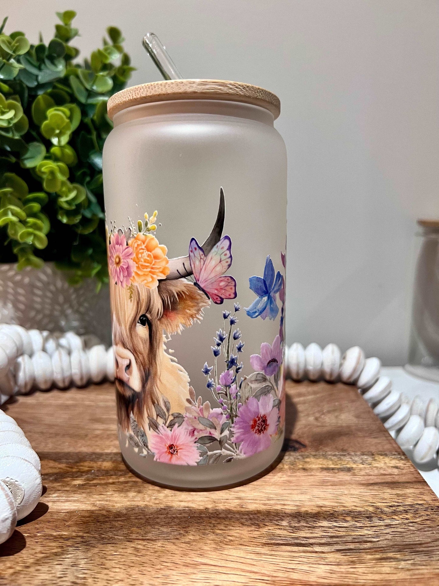 Everyday Ego Pink Floral Highlander Cow 16oz Glass Can Cup