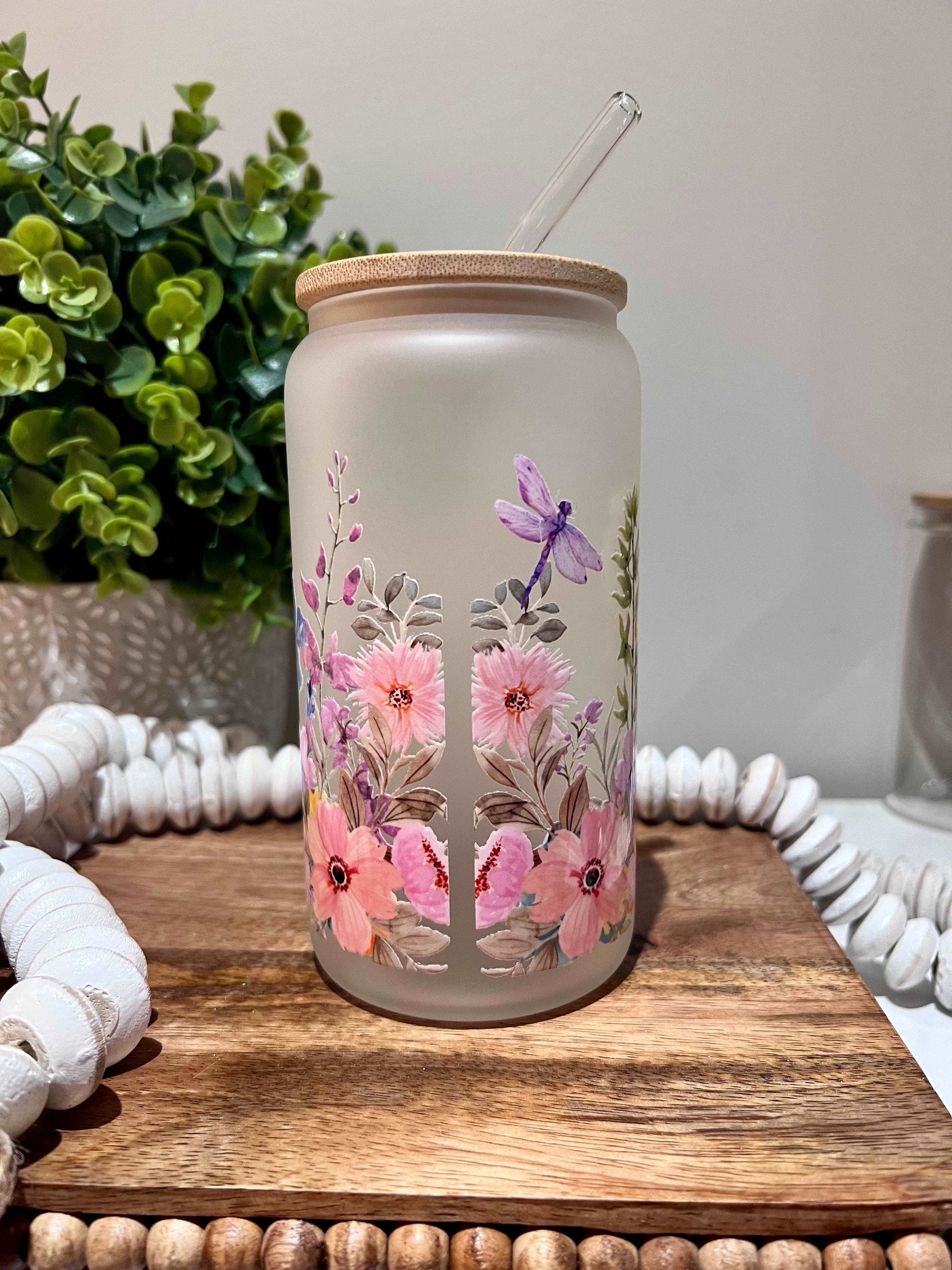 Everyday Ego Pink Floral Highlander Cow 16oz Glass Can Cup