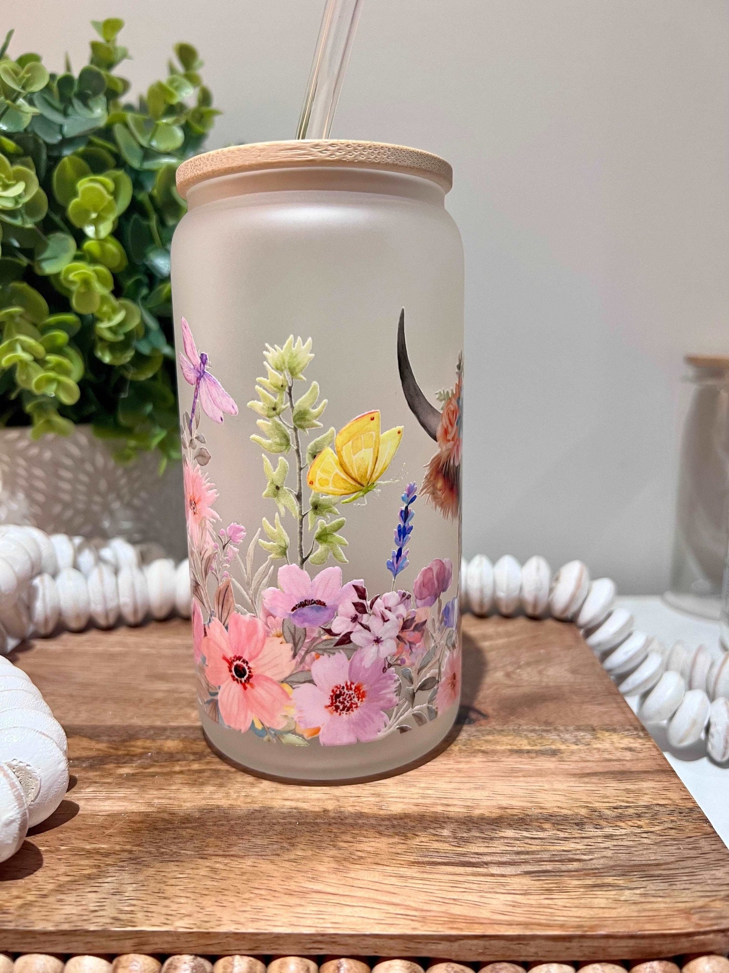 Everyday Ego Pink Floral Highlander Cow 16oz Glass Can Cup