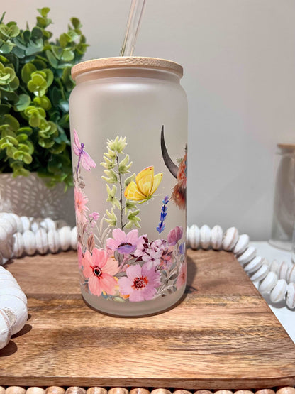 Everyday Ego Pink Floral Highlander Cow 16oz Glass Can Cup