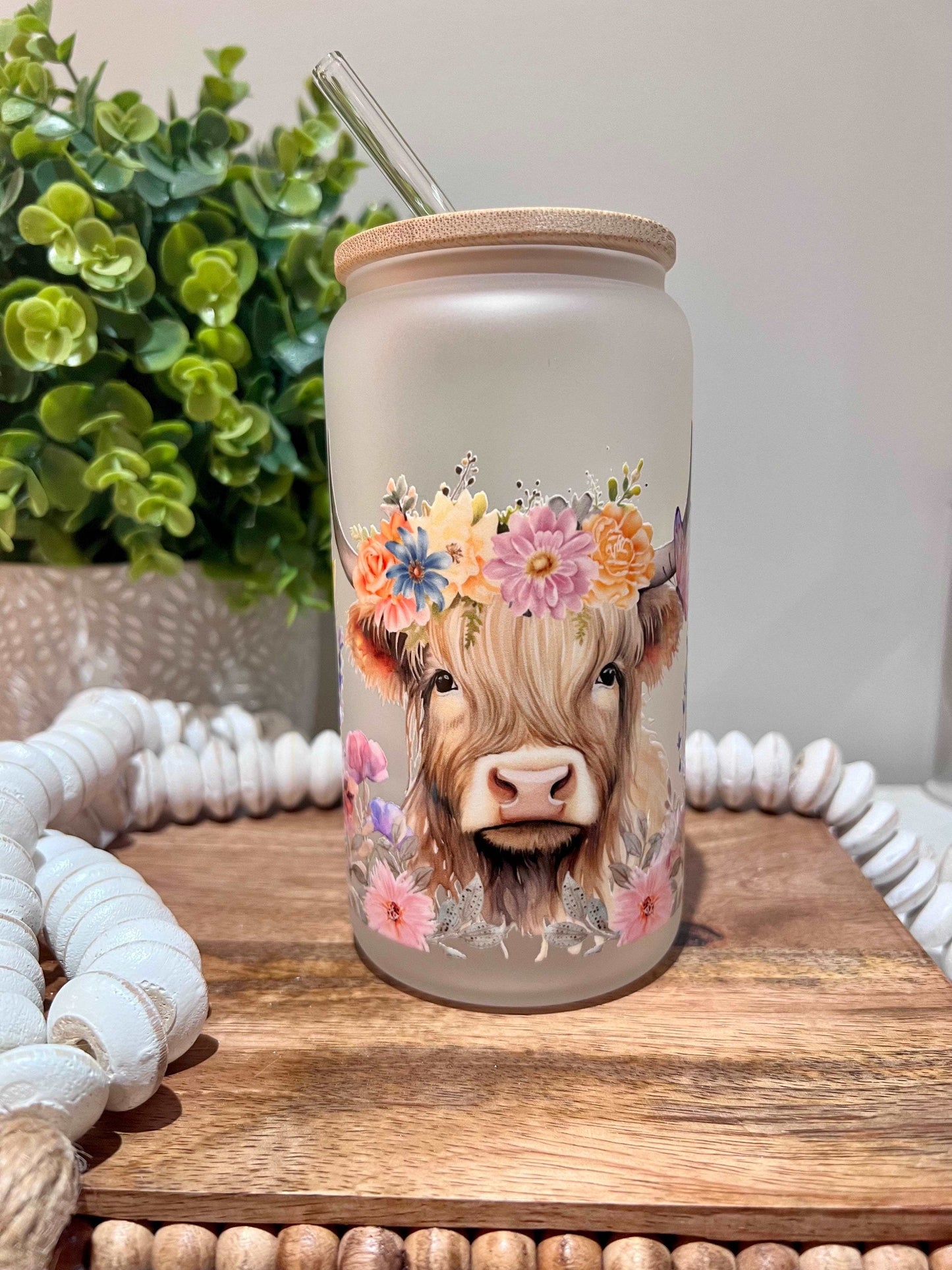 Everyday Ego Pink Floral Highlander Cow 16oz Glass Can Cup
