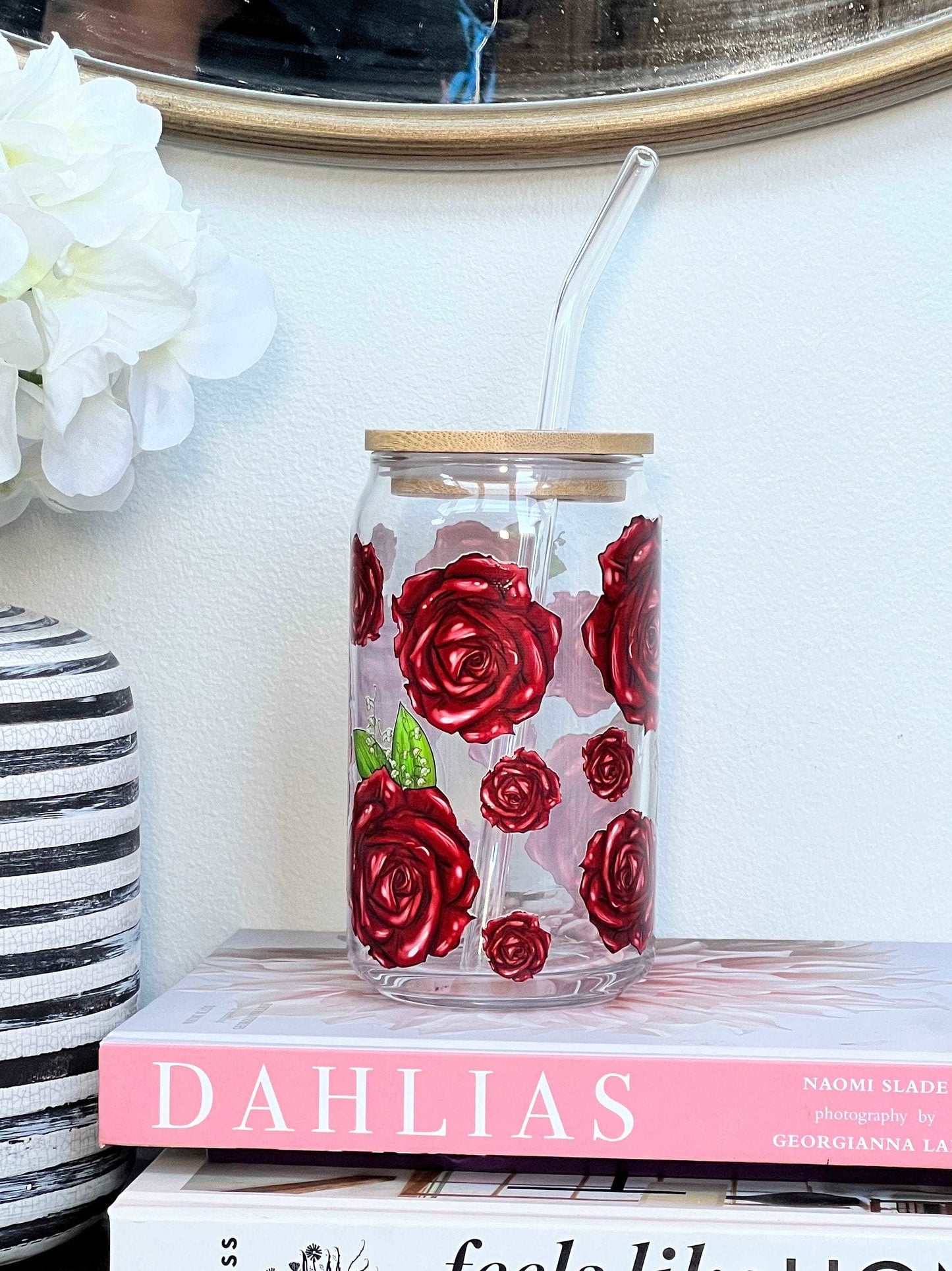 Everyday Ego Drink Cup Red Roses Glass Coffee Mug with Bamboo Lid & Straw - Flower Lover Glass Can Cup