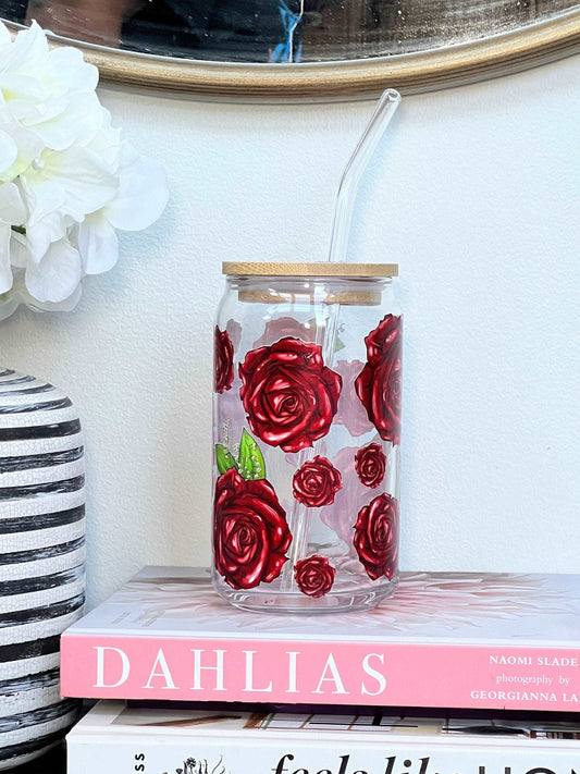 Everyday Ego Drink Cup Red Roses Glass Coffee Mug with Bamboo Lid & Straw - Flower Lover Glass Can Cup