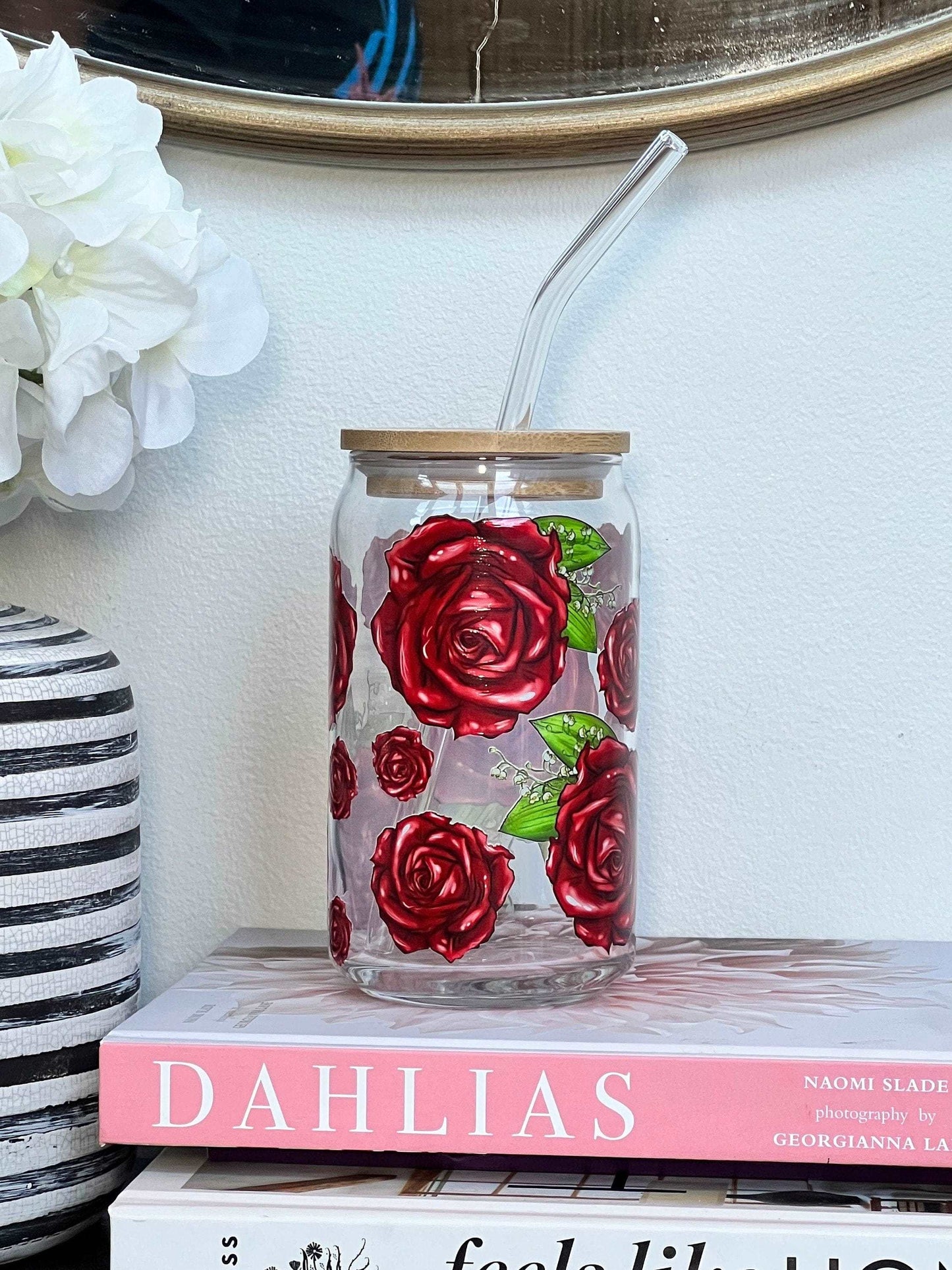 Everyday Ego Drink Cup Red Roses Glass Coffee Mug with Bamboo Lid & Straw - Flower Lover Glass Can Cup